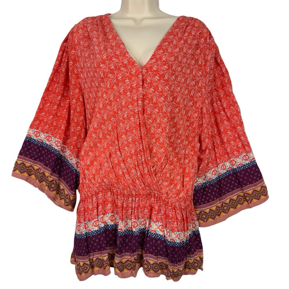 Black Note‎ Boho Peasant Tunic Top Women’s XL Orange Floral Border Print Peplum